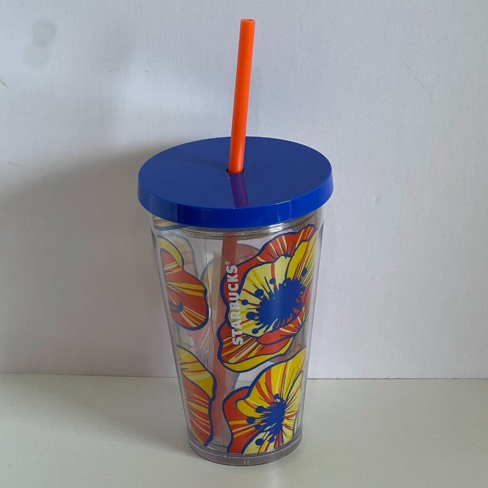 2018 Starbucks Poppy Flowers Floral Cold Cup Tumbler 16oz Blue Lid Orange Straw